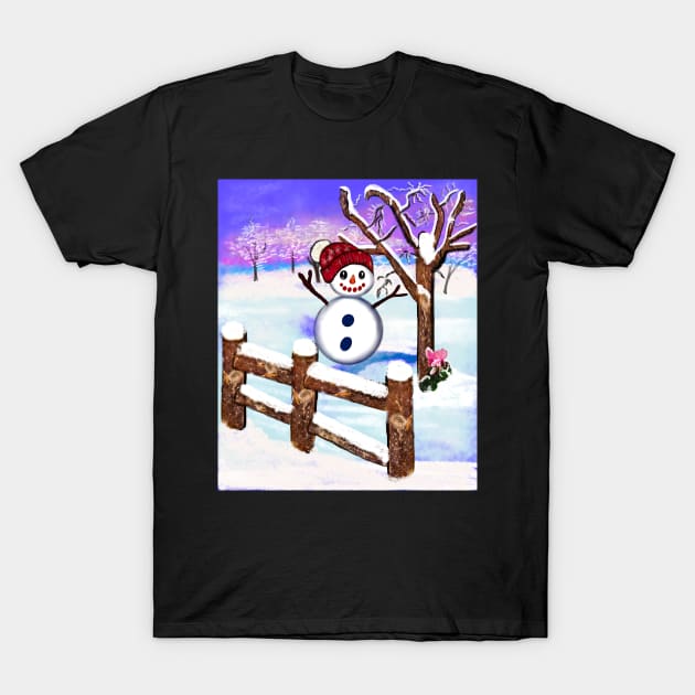 Snowman wearing winter hat  in tranquil winter scenery T-Shirt by Artonmytee